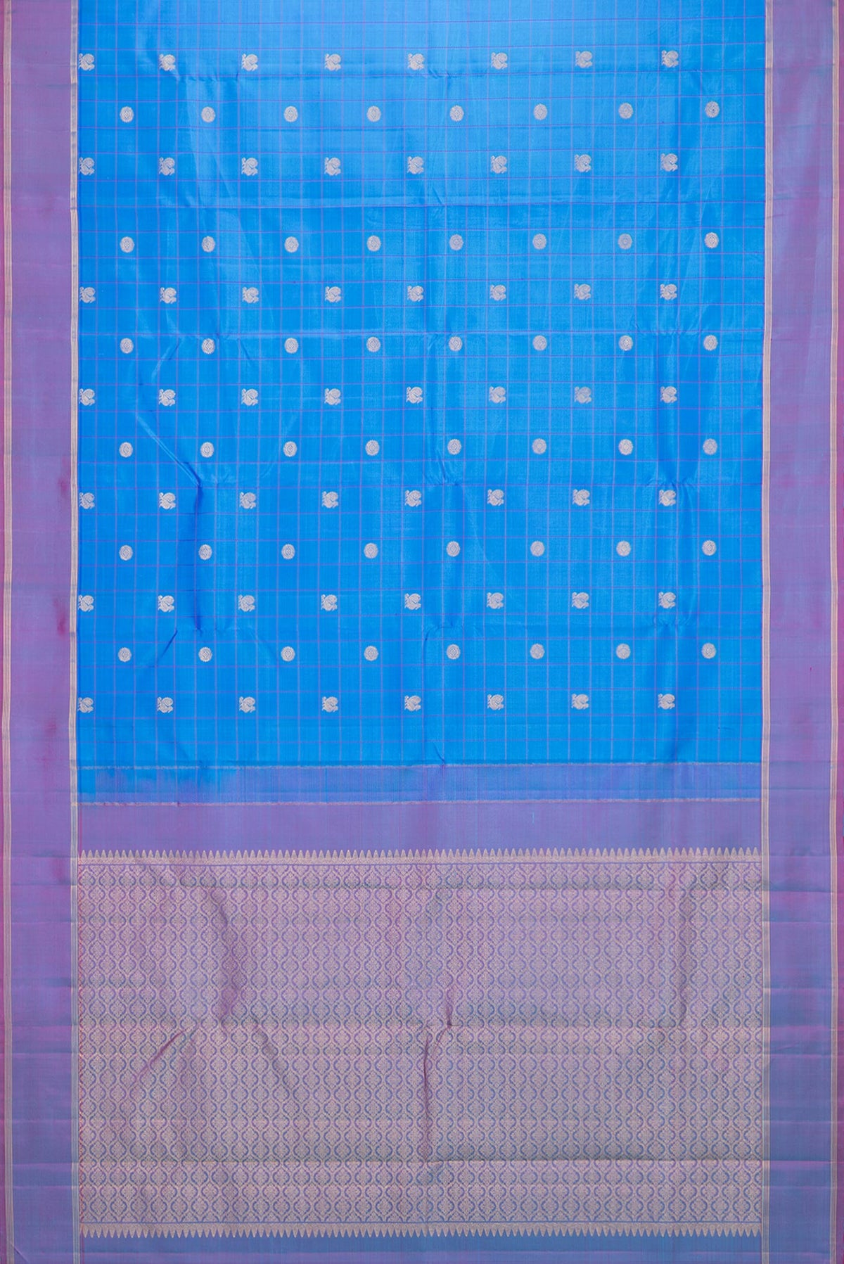 Flat view of Pure Silk Royal Blue Dual Tone Kanchipuram Saree with Checked design on the body and Zari Border. 