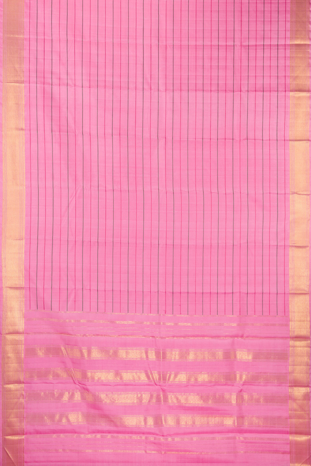 Flat view of Pure Silk Rose pink Kanchipuram Saree with Veldhari on the body and Zari Border. 