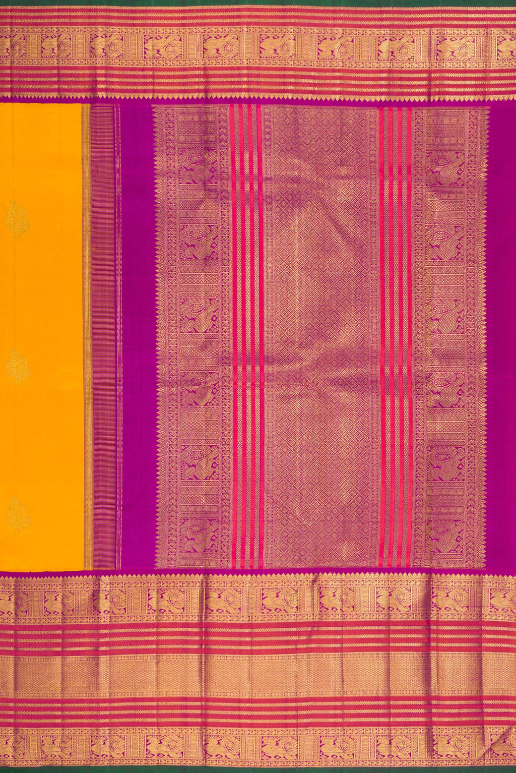 Close up image of the pallu of Pure Silk Pure Zari Mustard Kanchipuram Saree with Zari Butta on the body and Zari Border. 