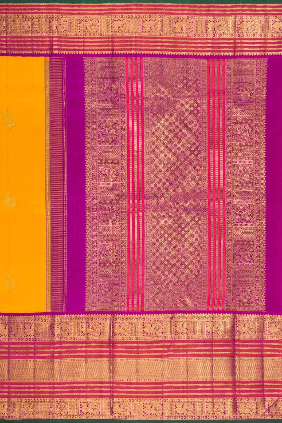 Close up image of the pallu of Pure Silk Pure Zari Mustard Kanchipuram Saree with Zari Butta on the body and Zari Border. 