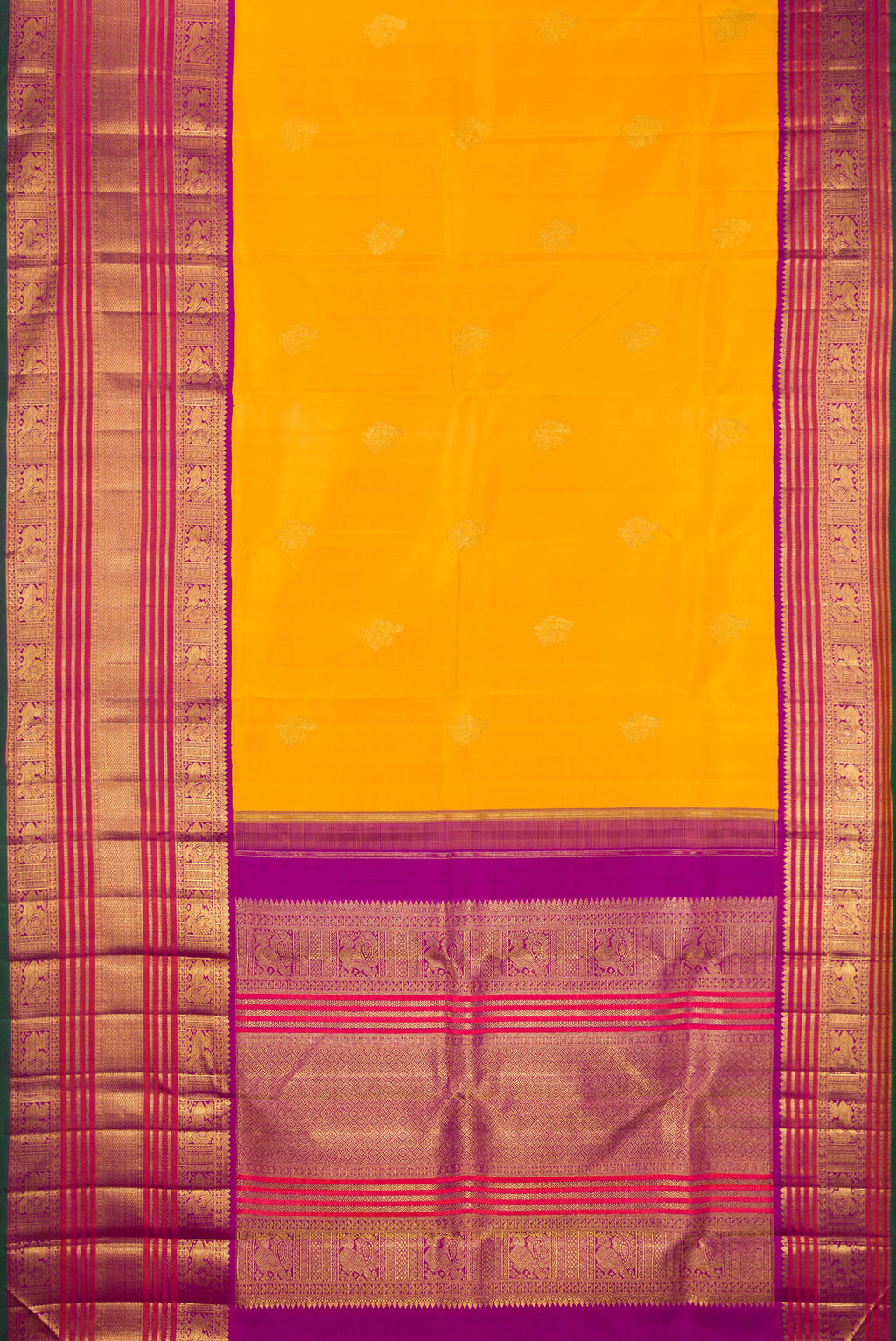 Flat view of Pure Silk Pure Zari Mustard Kanchipuram Saree with Zari Butta on the body and Zari Border. 