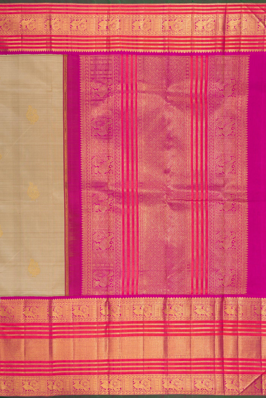 Close up image of the pallu of Pure Silk Pure Zari Dark Beige Kanchipuram Saree with Zari Butta on the body and Zari Border. 