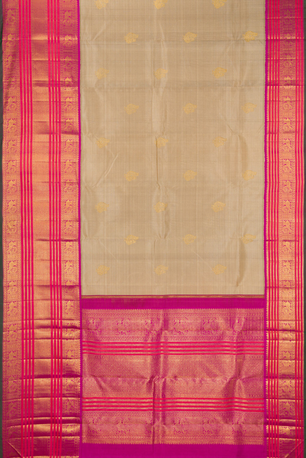 Flat view of Pure Silk Pure Zari Dark Beige Kanchipuram Saree with Zari Butta on the body and Zari Border. 