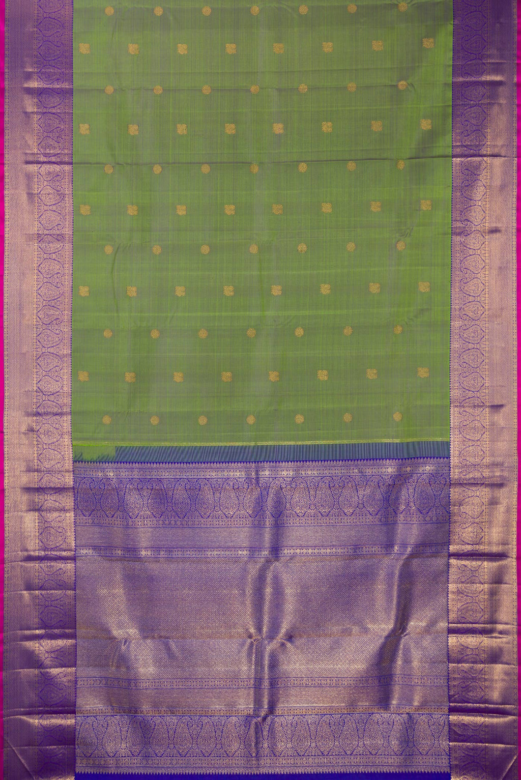 Flat view of Pure Silk Pure Zari Green Kanchipuram Saree with Zari Butta on the body and Zari Border. 