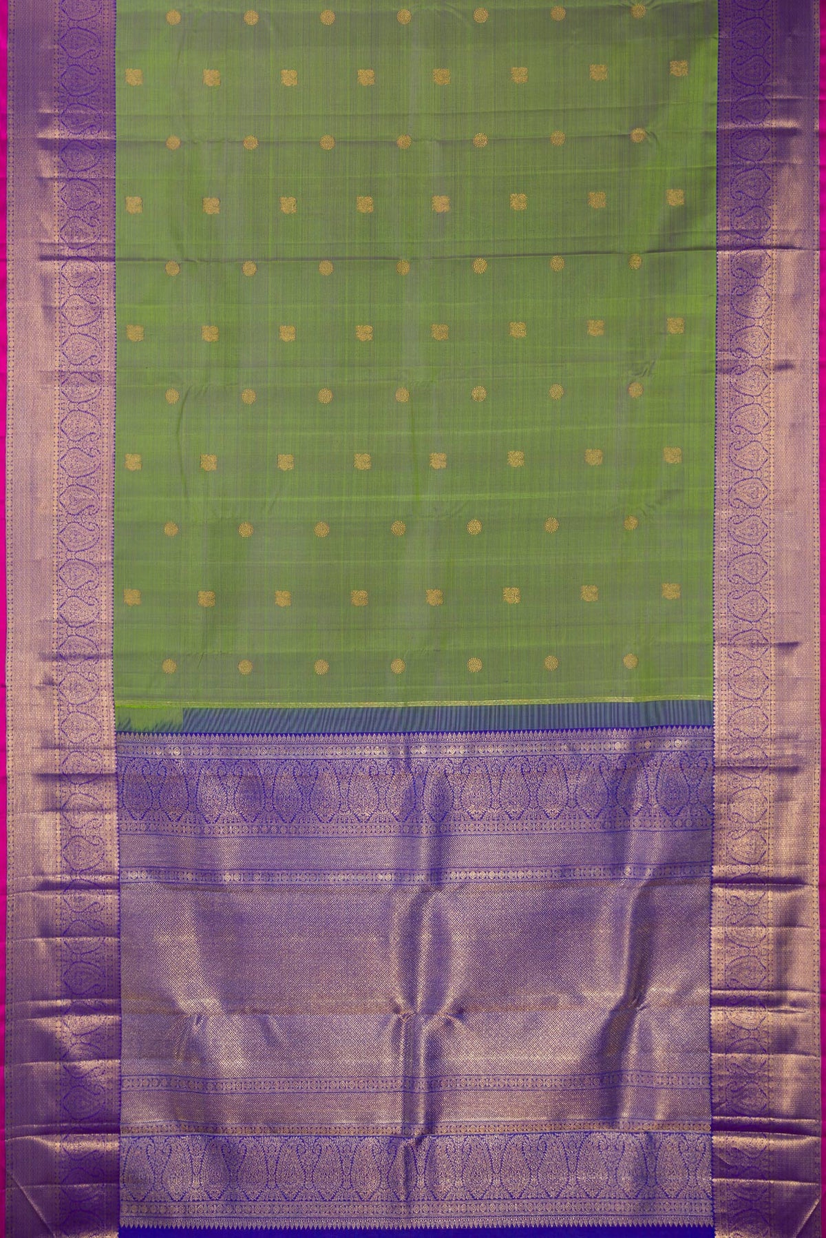 Flat view of Pure Silk Pure Zari Green Kanchipuram Saree with Zari Butta on the body and Zari Border. 