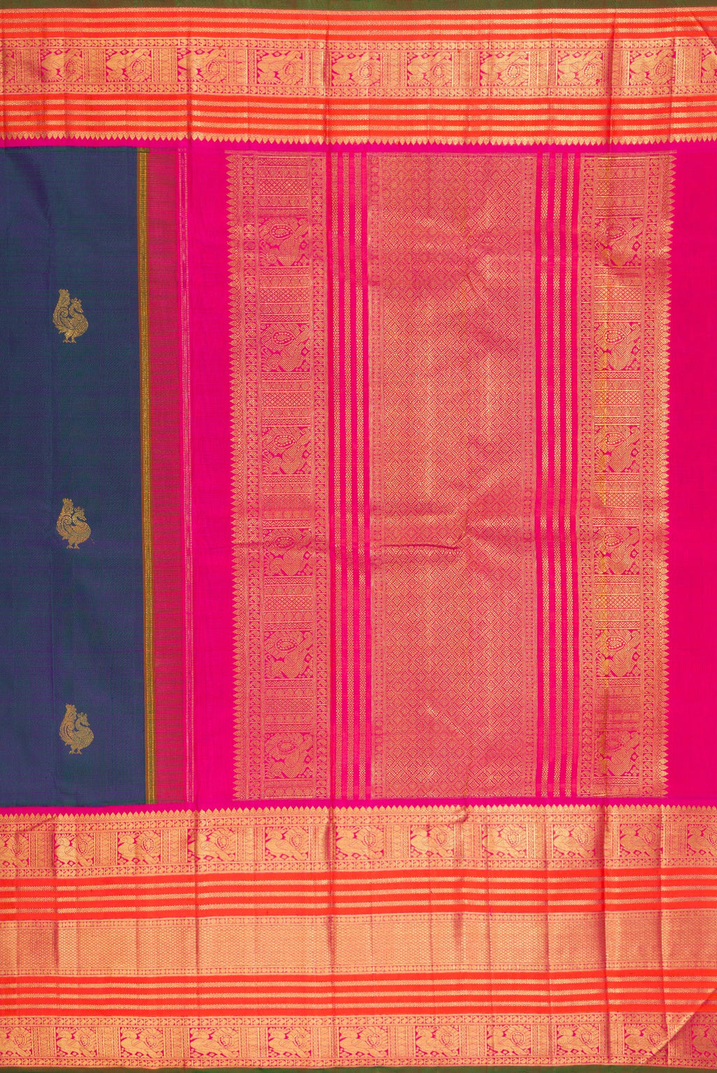 Close up image of the pallu of Pure Silk Pure Zari Peacock Blue Dual Tone Kanchipuram Saree with Zari Butta on the body and Zari Border. 