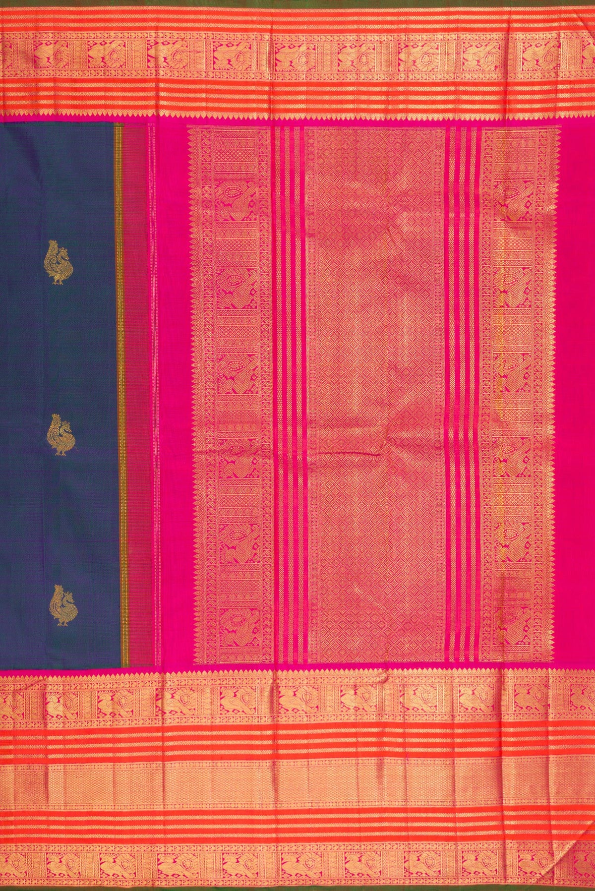 Close up image of the pallu of Pure Silk Pure Zari Peacock Blue Dual Tone Kanchipuram Saree with Zari Butta on the body and Zari Border. 