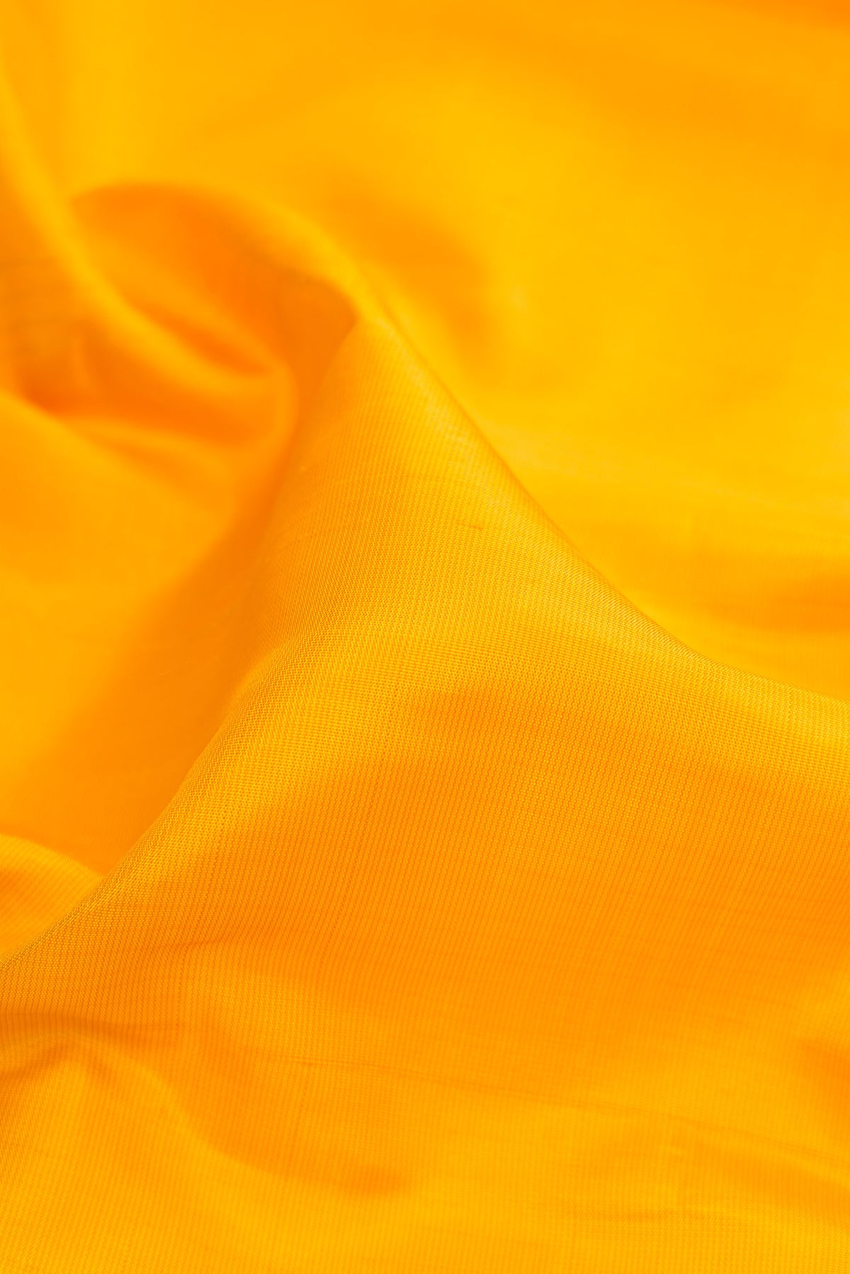 Close up of Pure Silk Yellow Kanjivaram Saree with Plain Body and Temple Border.  displaying folds