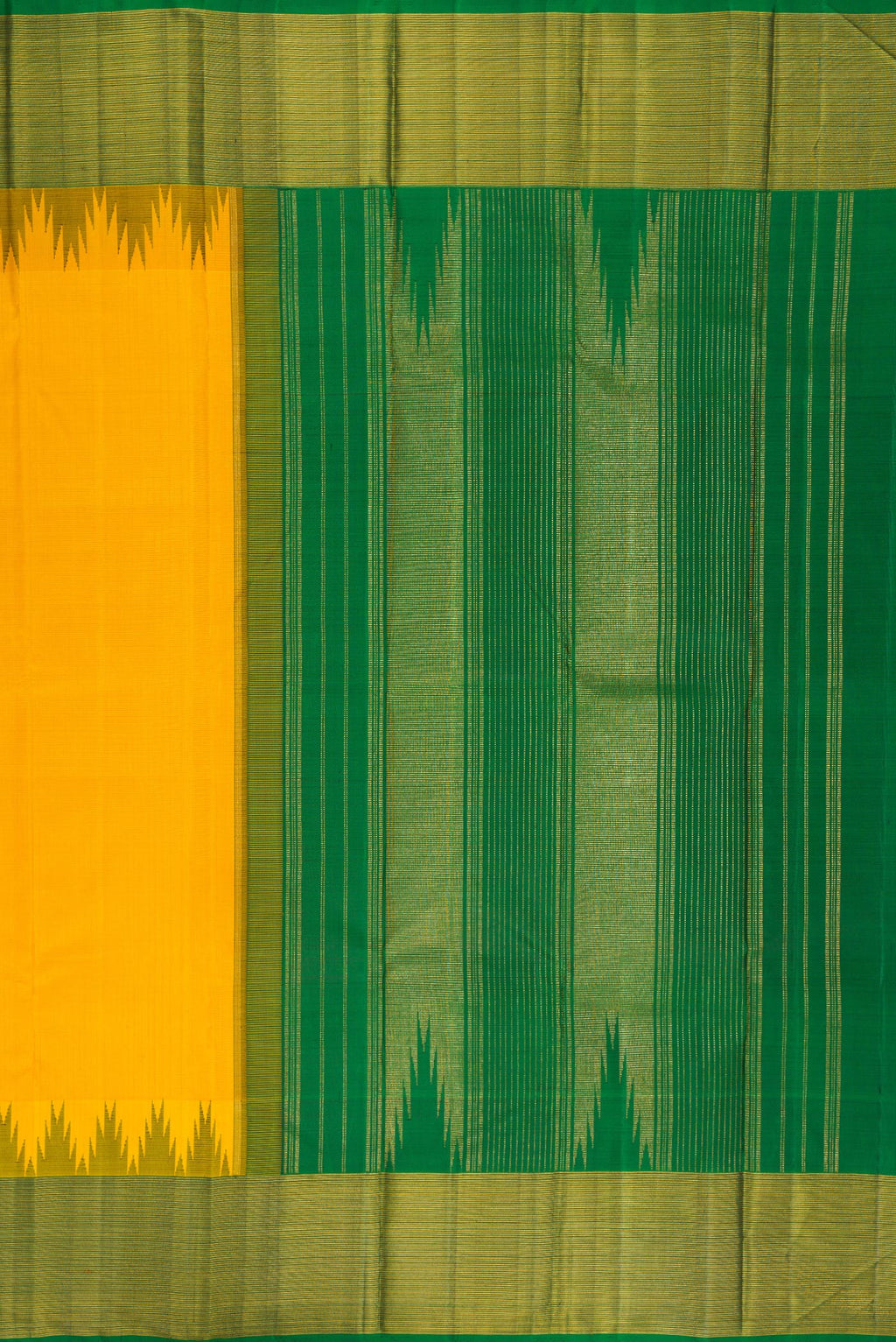 Close up image of the pallu of Pure Silk Yellow Kanjivaram Saree with Plain Body and Temple Border. 