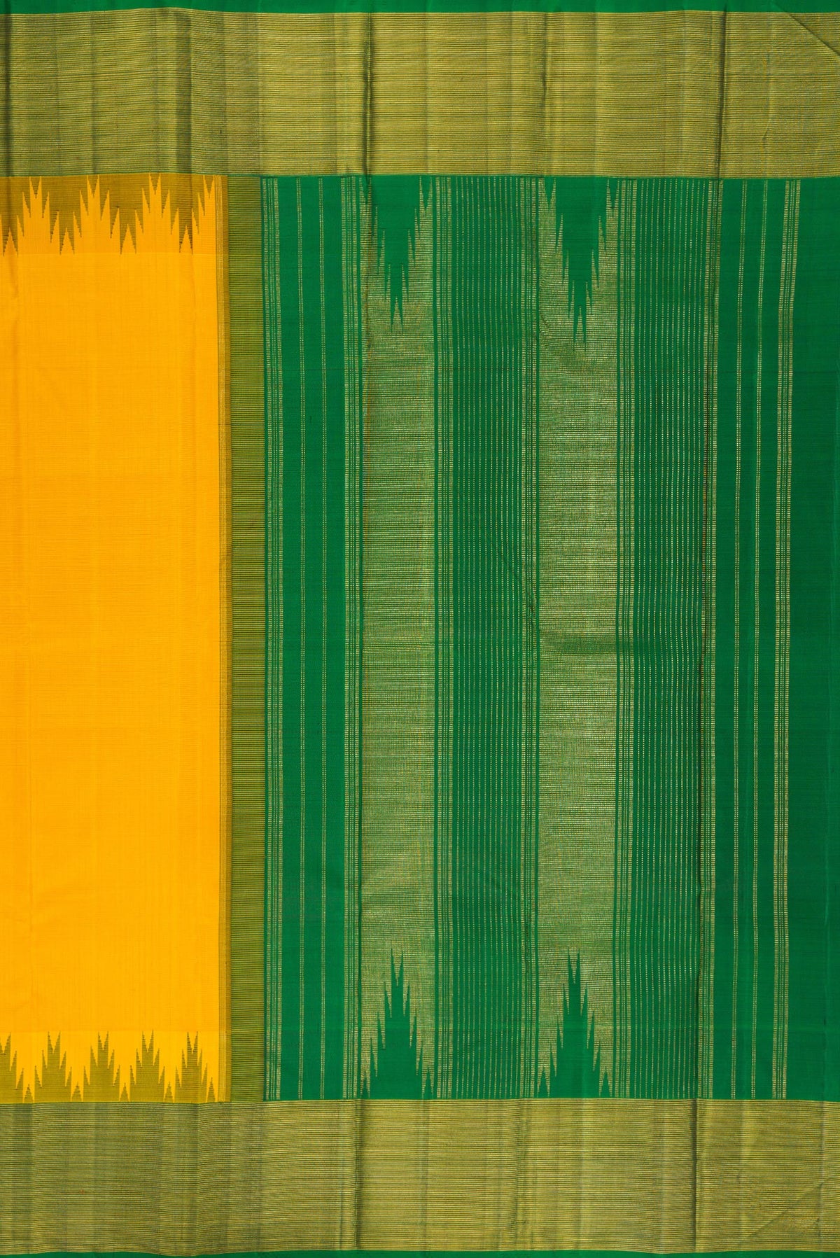 Close up image of the pallu of Pure Silk Yellow Kanjivaram Saree with Plain Body and Temple Border. 