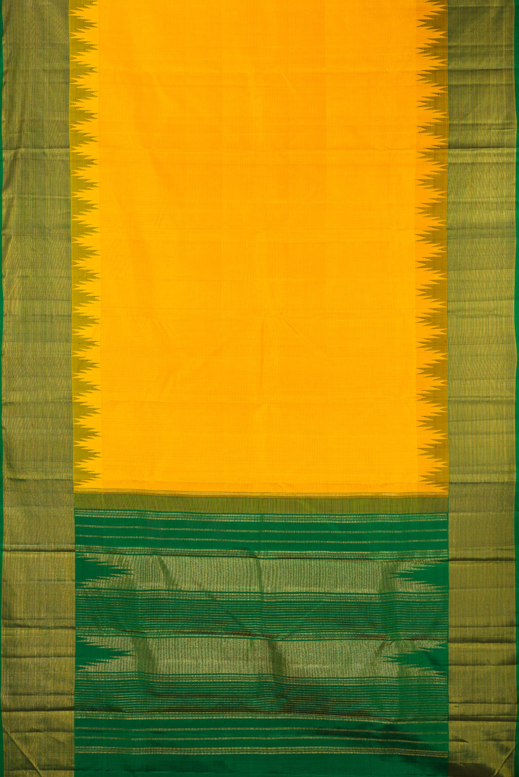 Flat view of Pure Silk Yellow Kanjivaram Saree with Plain Body and Temple Border. 