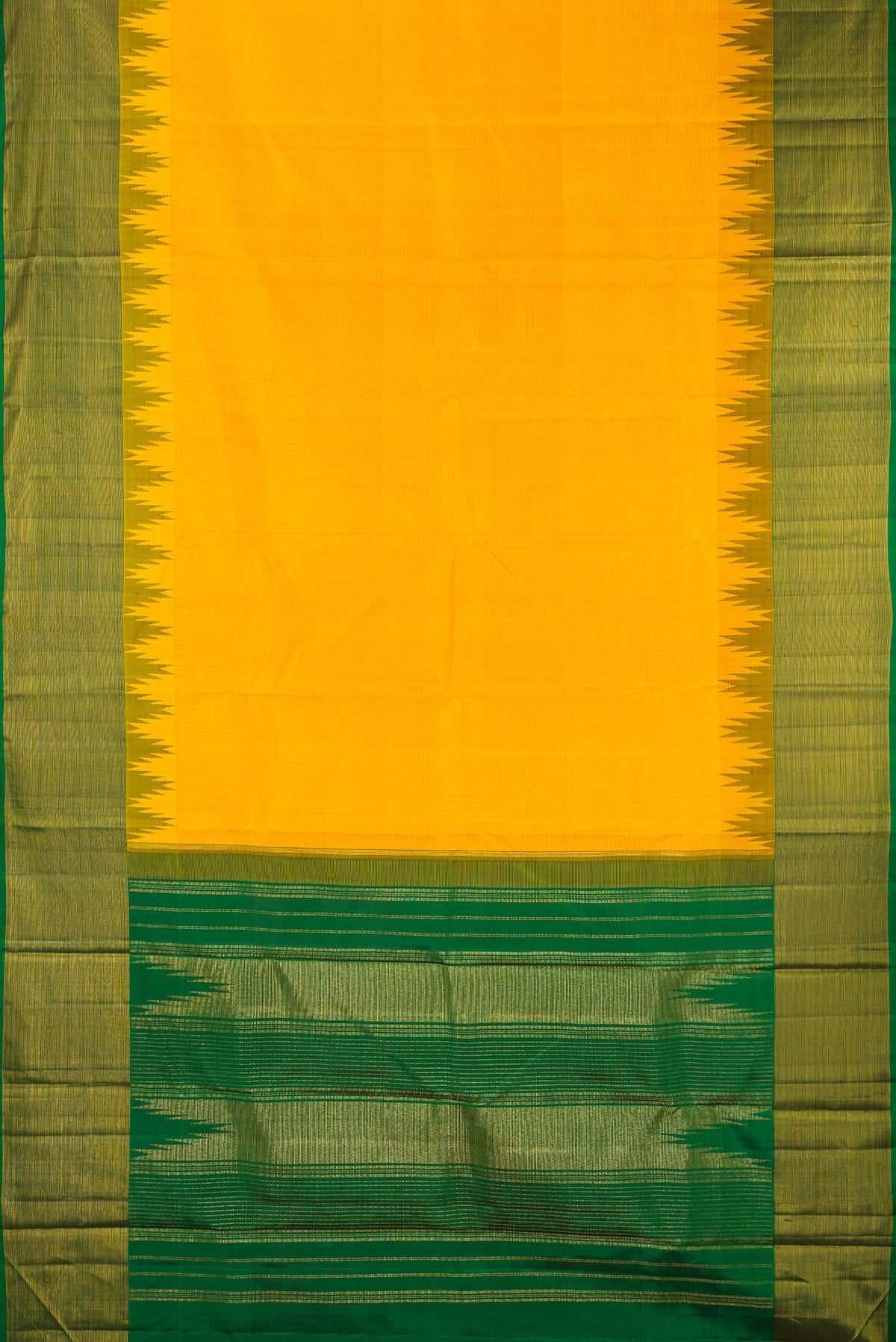 Flat view of Pure Silk Yellow Kanjivaram Saree with Plain Body and Temple Border. 