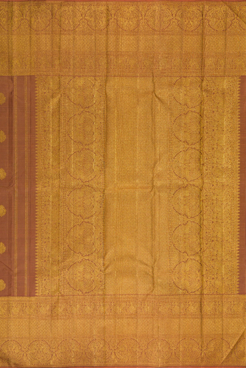 Close up image of the pallu of Pure Silk Brown Kanchipuram Saree with Stripes on the body and Fancy Border. 
