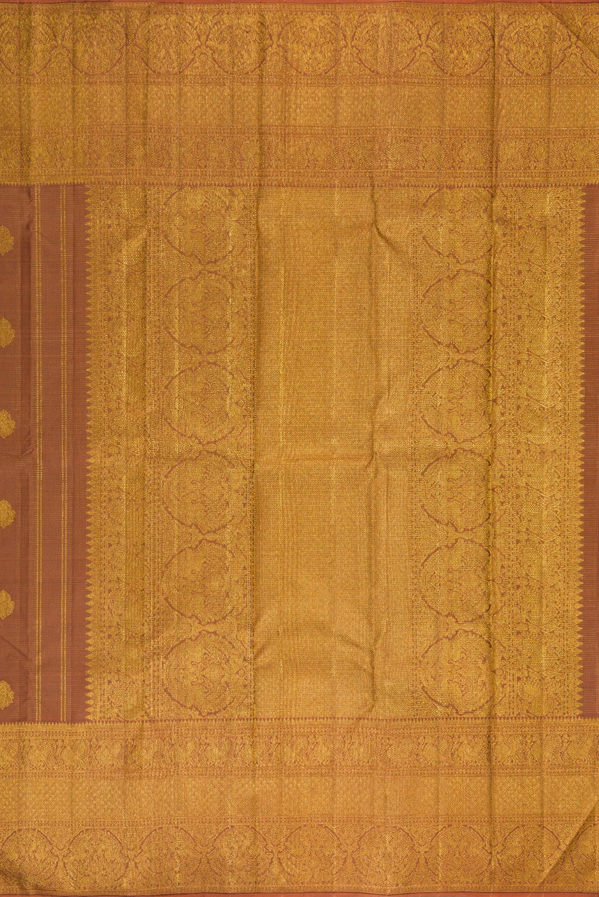 Close up image of the pallu of Pure Silk Brown Kanchipuram Saree with Stripes on the body and Fancy Border. 