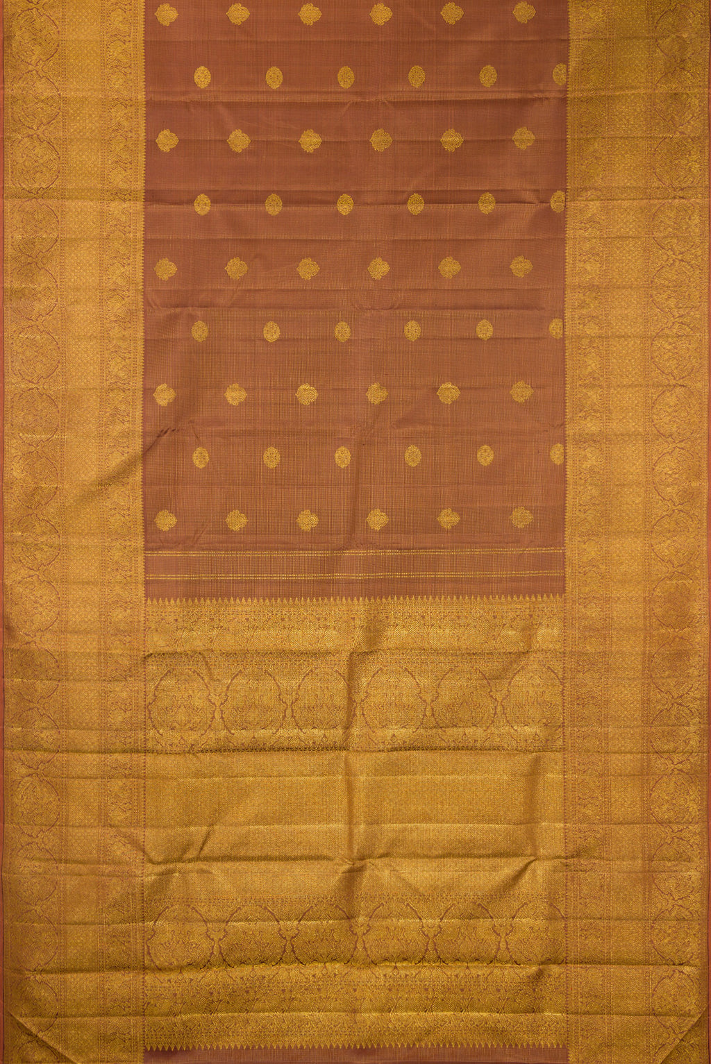 Flat view of Pure Silk Brown Kanchipuram Saree with Stripes on the body and Fancy Border. 