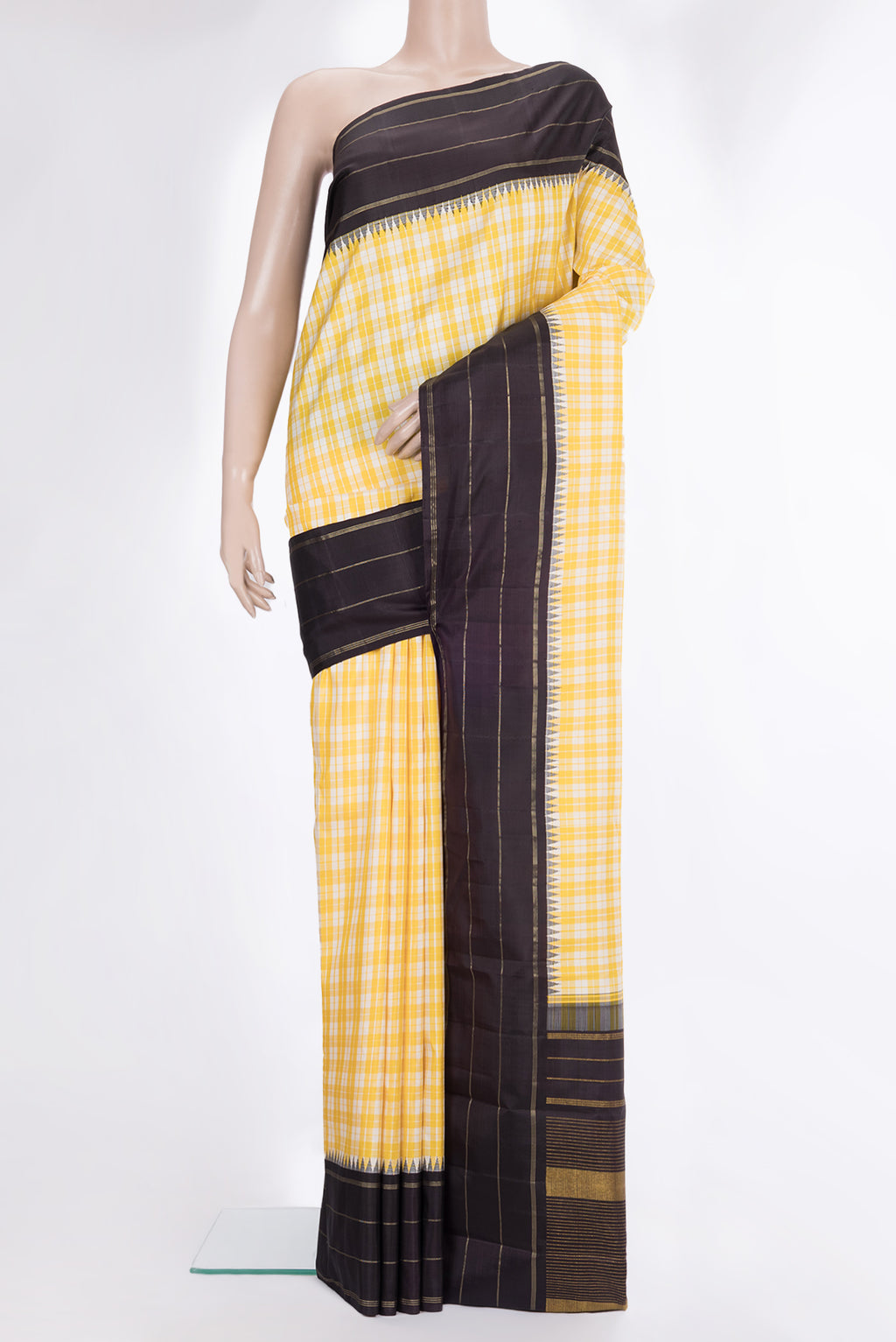 Pure Silk Yellow Dual Tone Kanjivaram Saree with Checked design on the body and Zari Border.  displayed on a mannequin