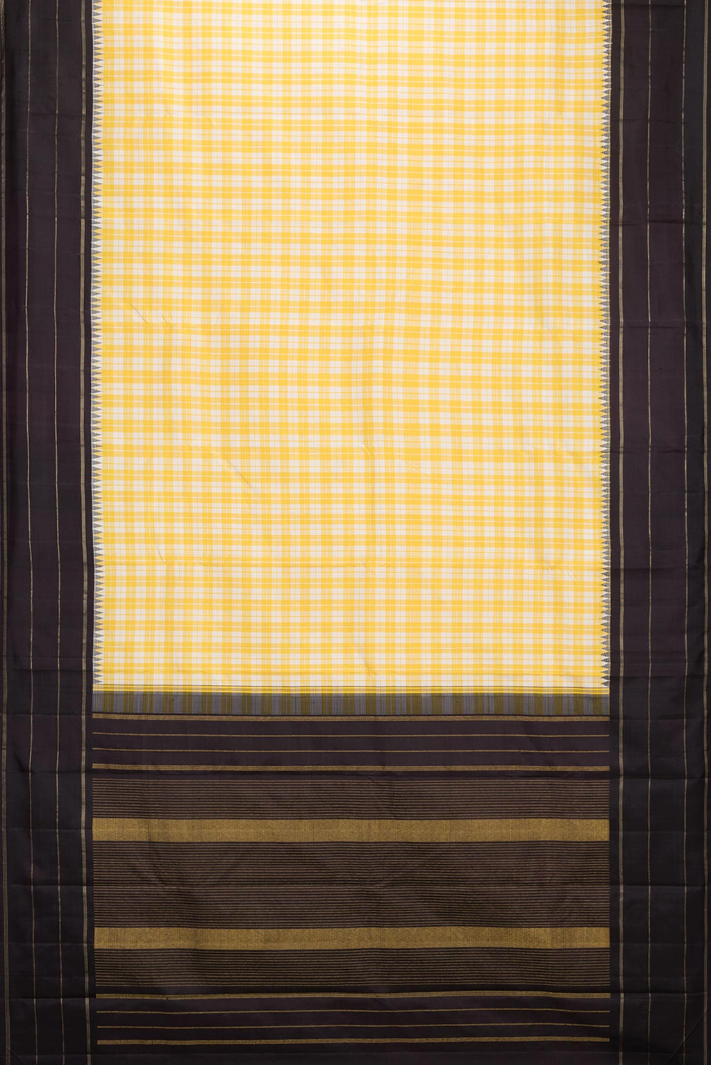 Flat view of Pure Silk Yellow Dual Tone Kanjivaram Saree with Checked design on the body and Zari Border. 