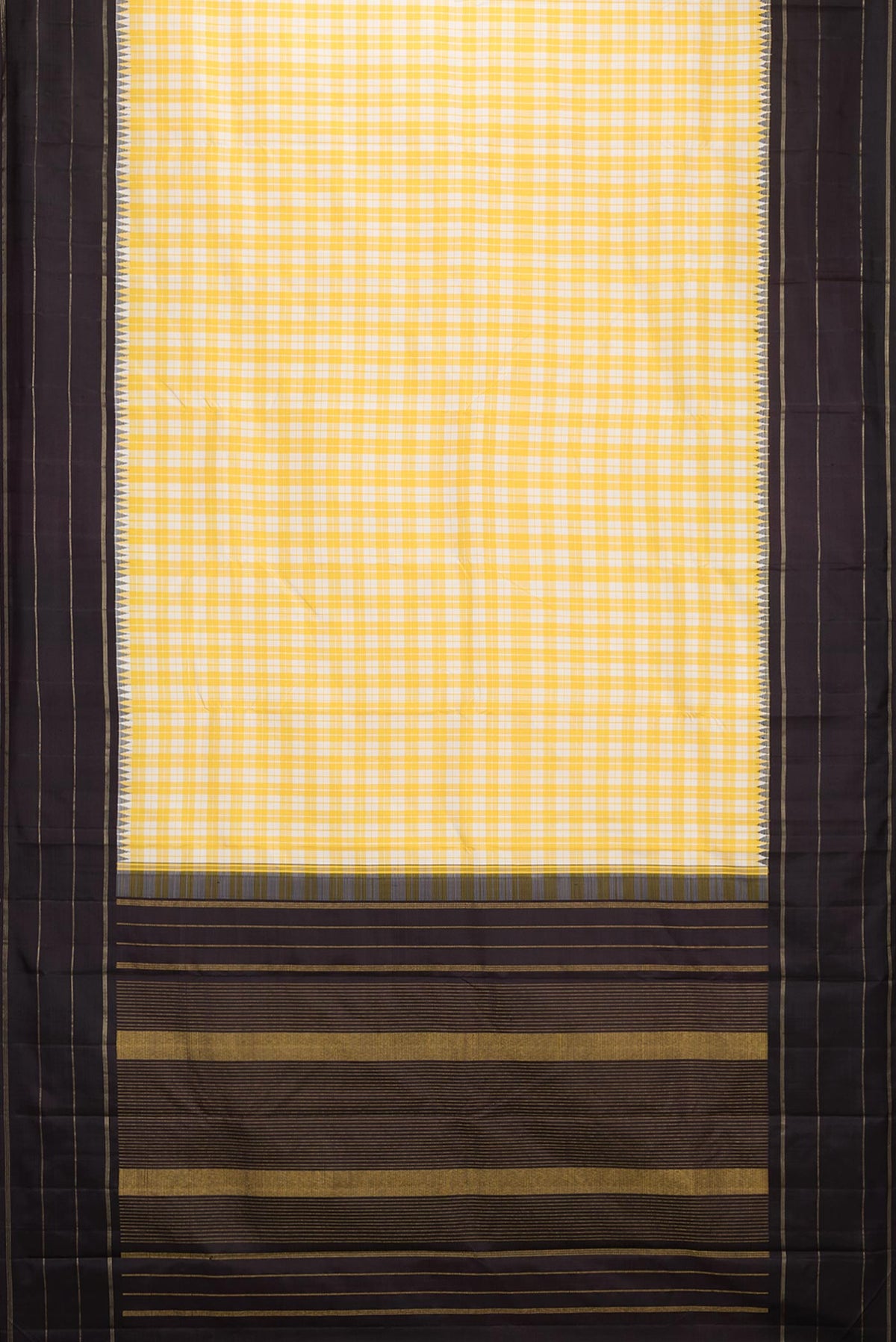 Flat view of Pure Silk Yellow Dual Tone Kanjivaram Saree with Checked design on the body and Zari Border. 