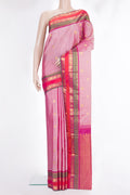 Pure Silk Rose Gold Dual Tone Kanjivaram Saree with Zari Butta on the body and Zari Border.  displayed on a mannequin