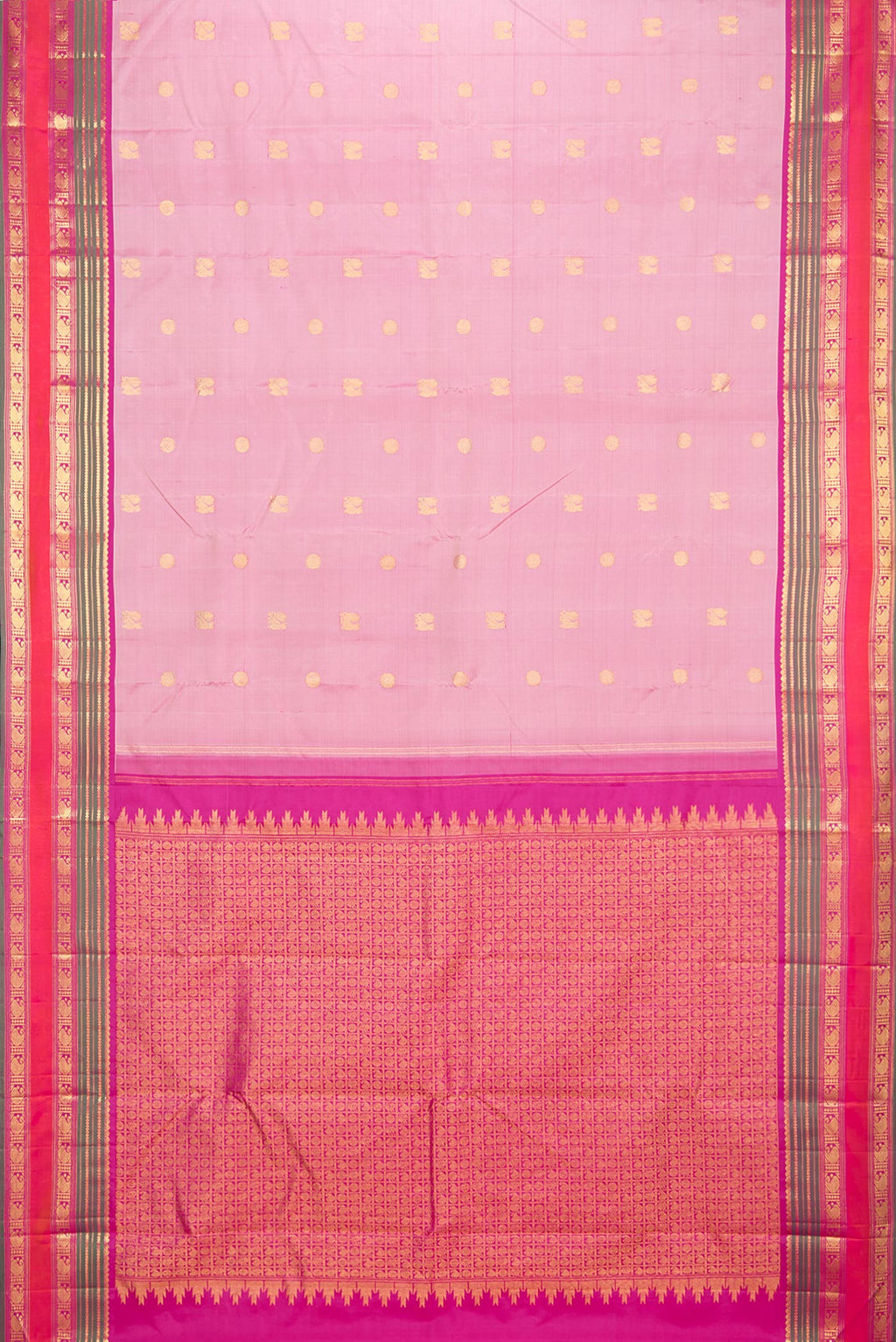 Flat view of Pure Silk Rose Gold Dual Tone Kanjivaram Saree with Zari Butta on the body and Zari Border. 