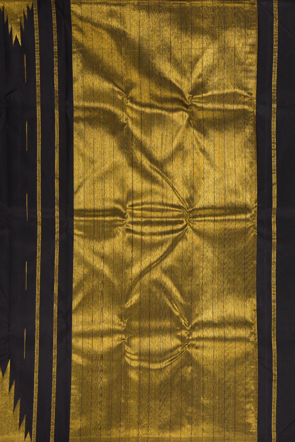 Close up image of the pallu of Pure Silk Black Kanjivaram Saree with Zari Butta on the body and Temple Border. 