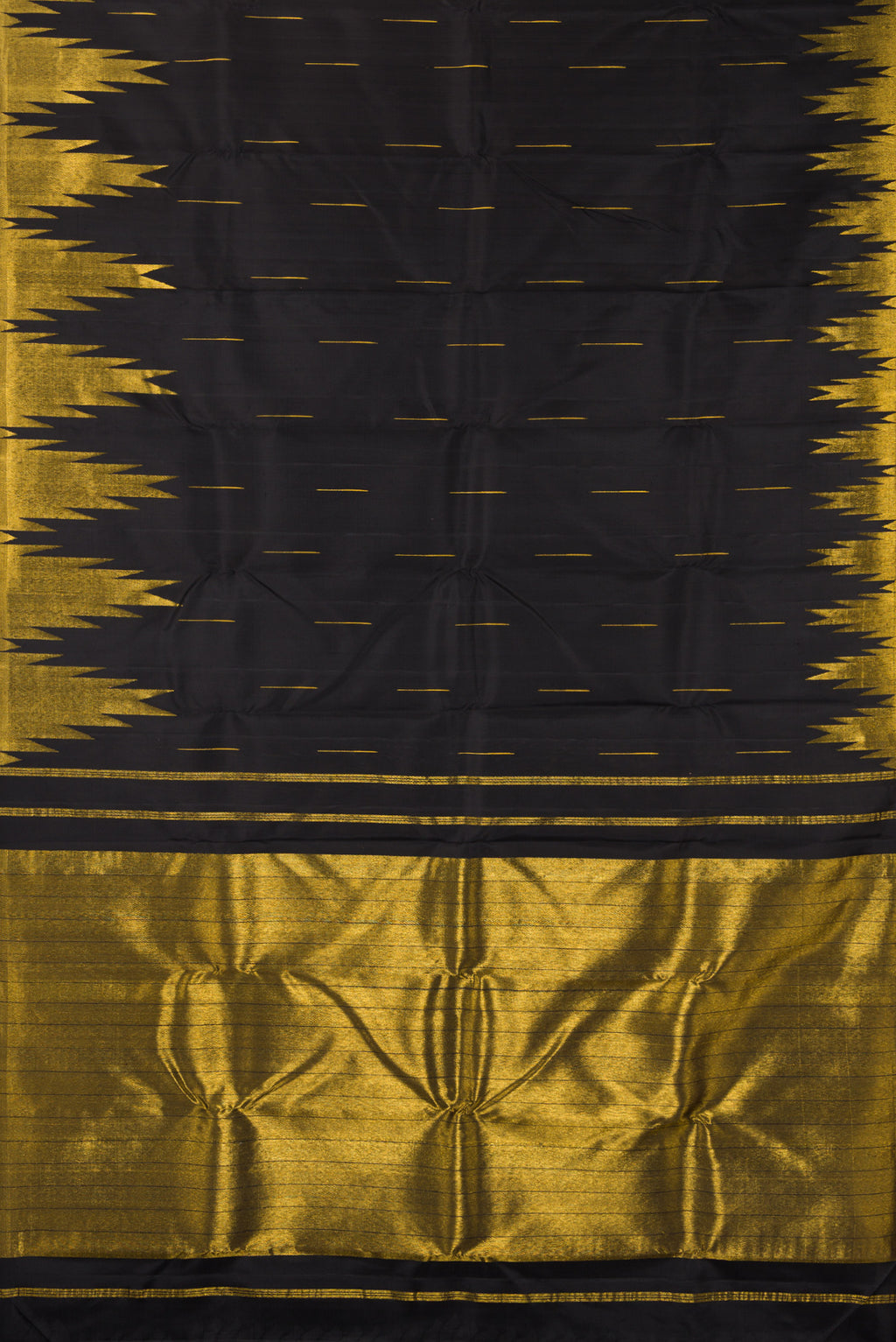 Flat view of Pure Silk Black Kanjivaram Saree with Zari Butta on the body and Temple Border. 