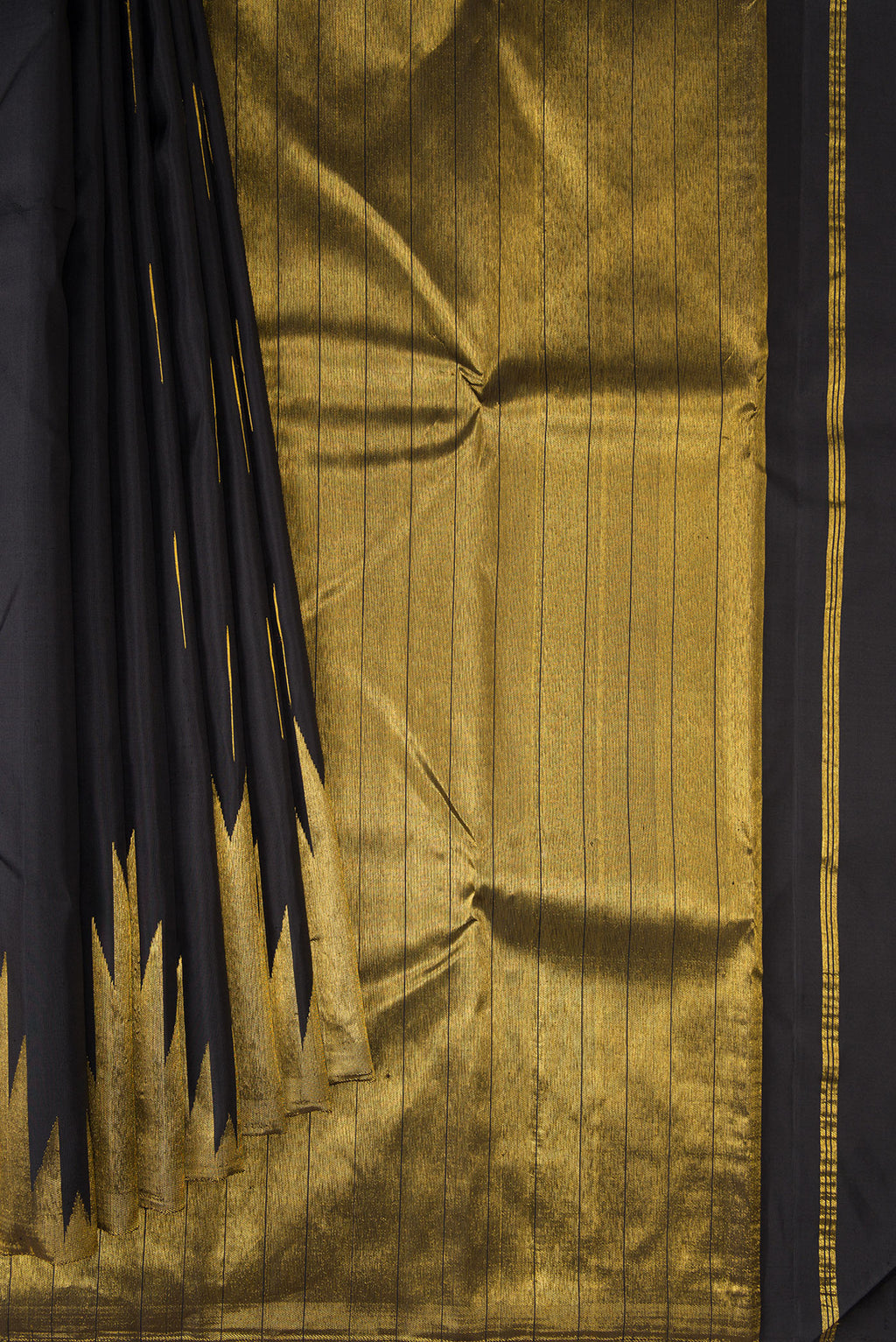Pleats and pallu of Pure Silk Black Kanjivaram Saree with Zari Butta on the body and Temple Border. 