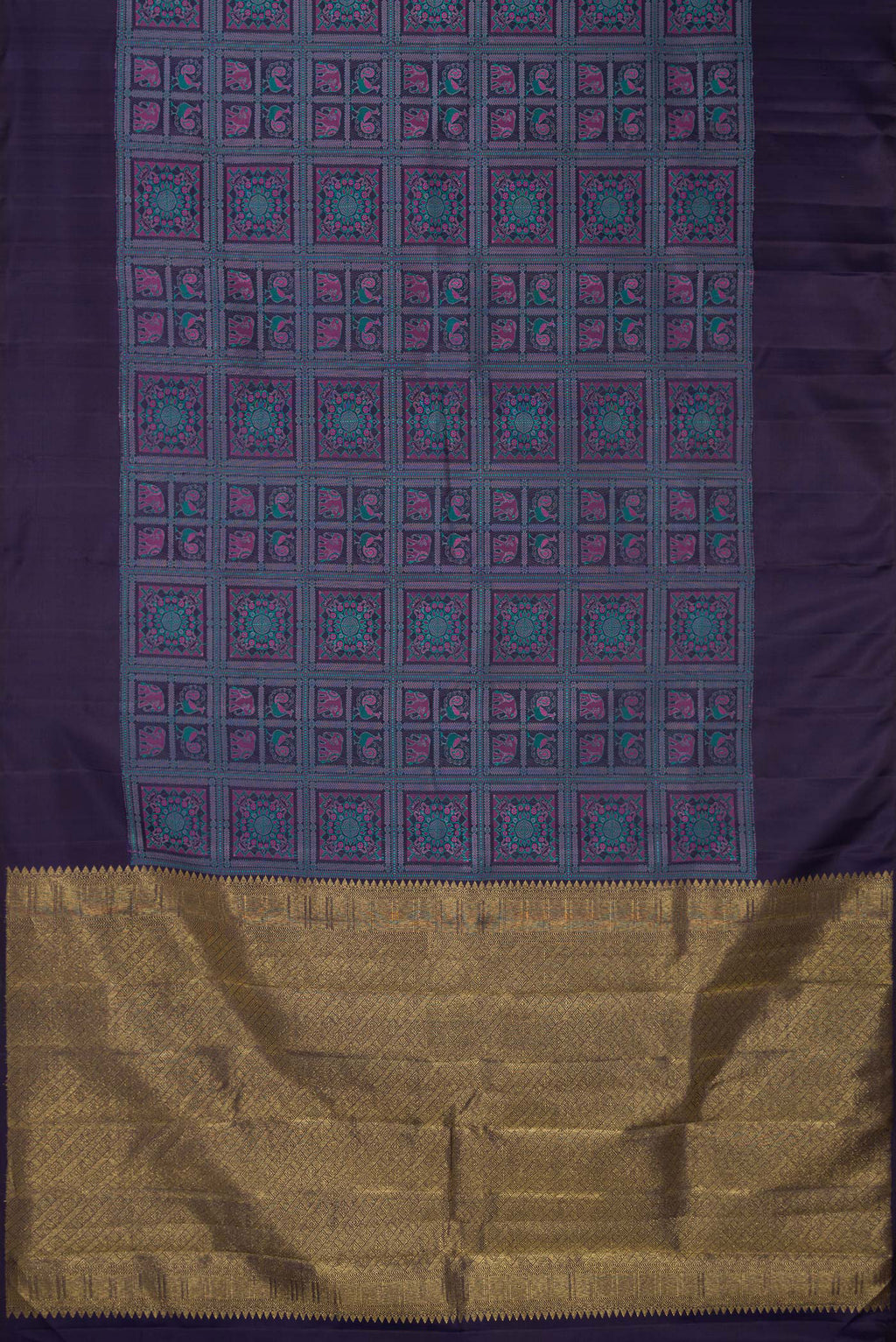 Flat view of Pure Silk Navy Blue Kanjivaram Saree with Jacquard With Thread Butta on the body and Plain Border. 