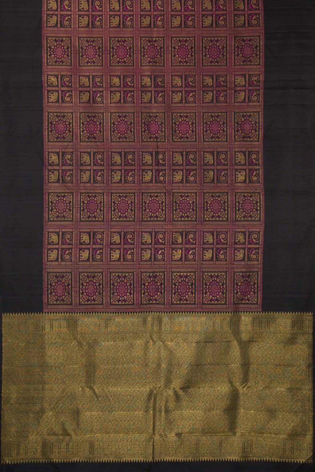 Flat view of Pure Silk Black Dual Tone Kanjivaram Saree with Zari Brocade on the body and Plain Border. 