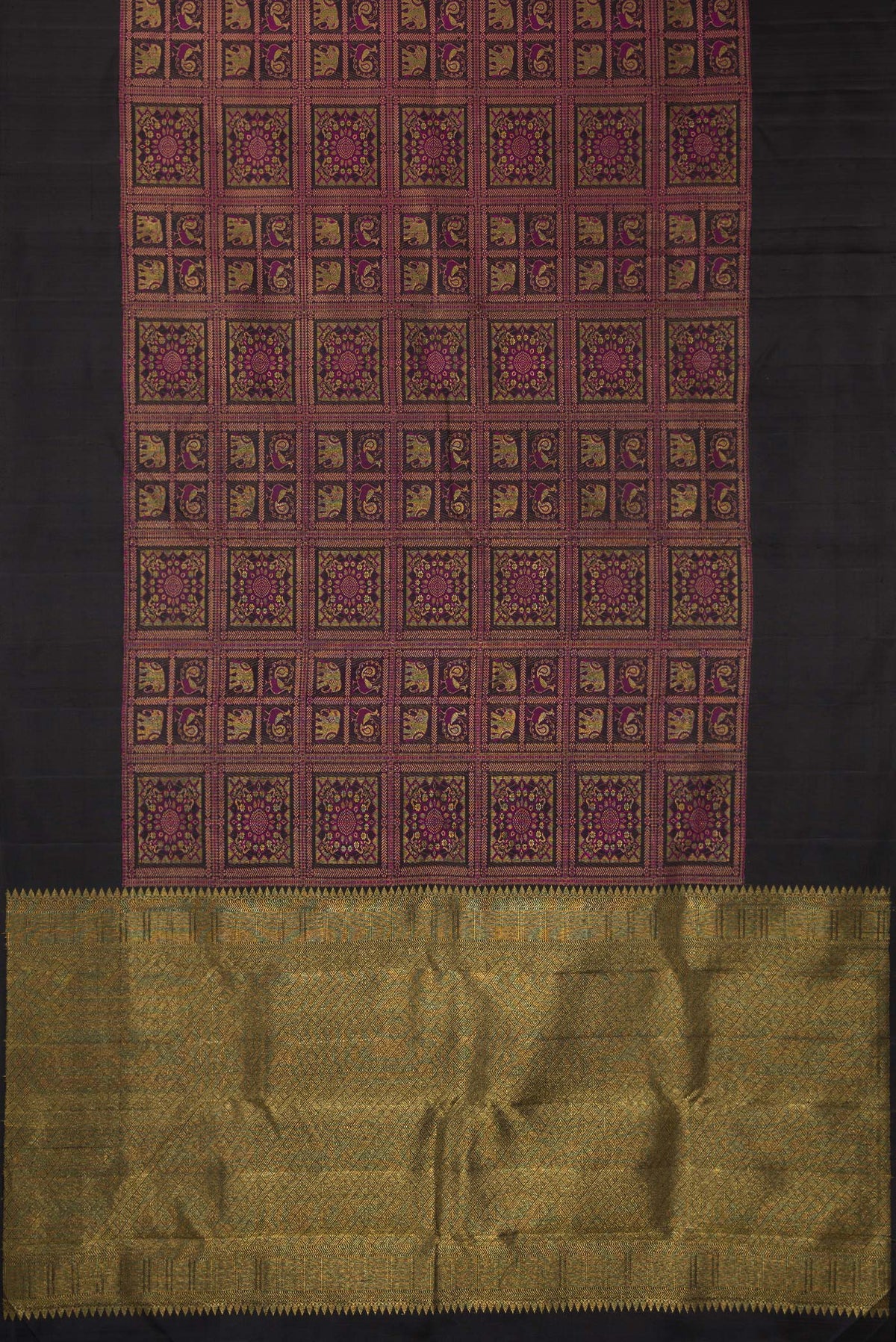 Flat view of Pure Silk Black Dual Tone Kanjivaram Saree with Zari Brocade on the body and Plain Border. 