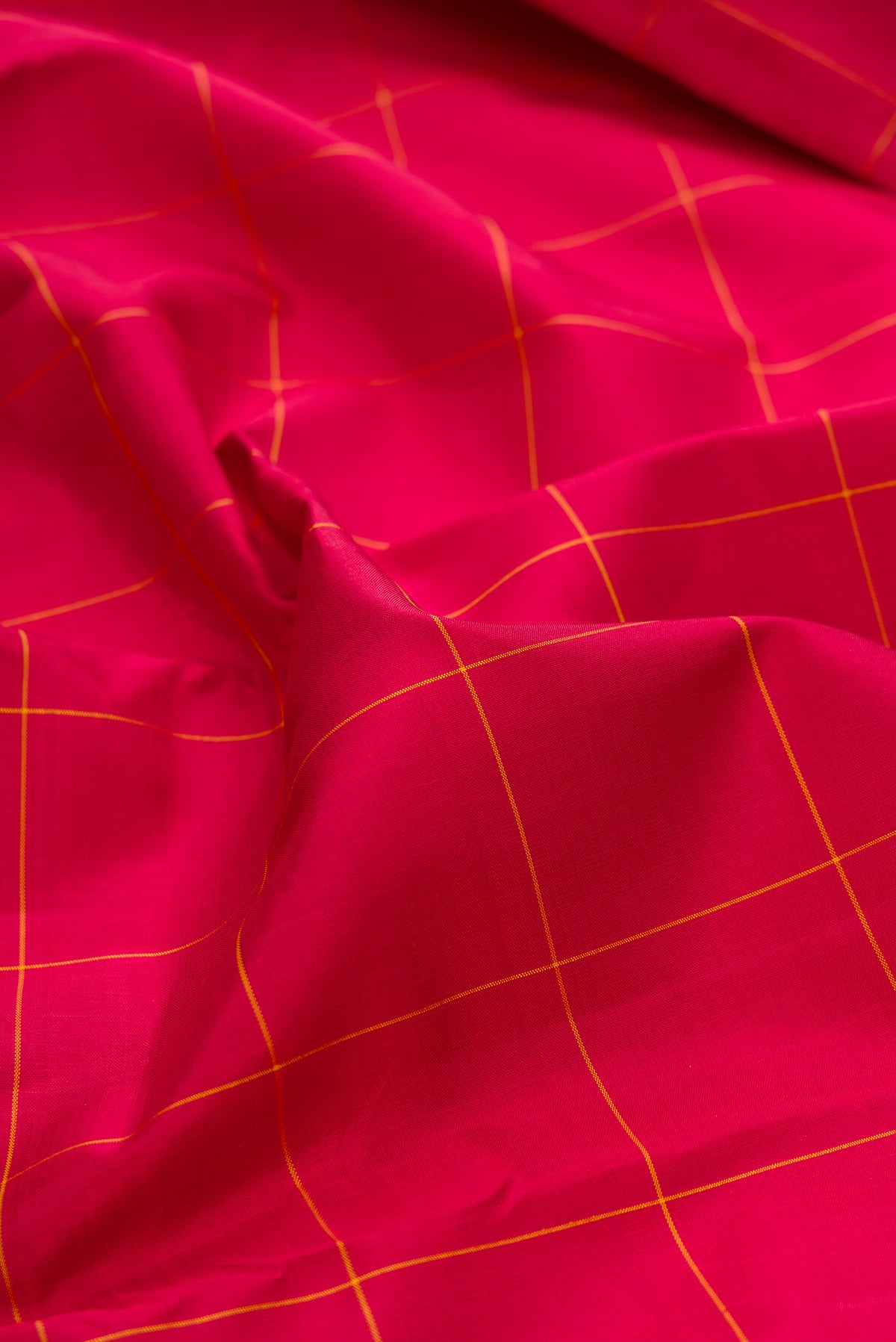 Close up of Pure Silk Red Kanjivaram Saree with Checked design on the body and Fancy Border.  displaying folds