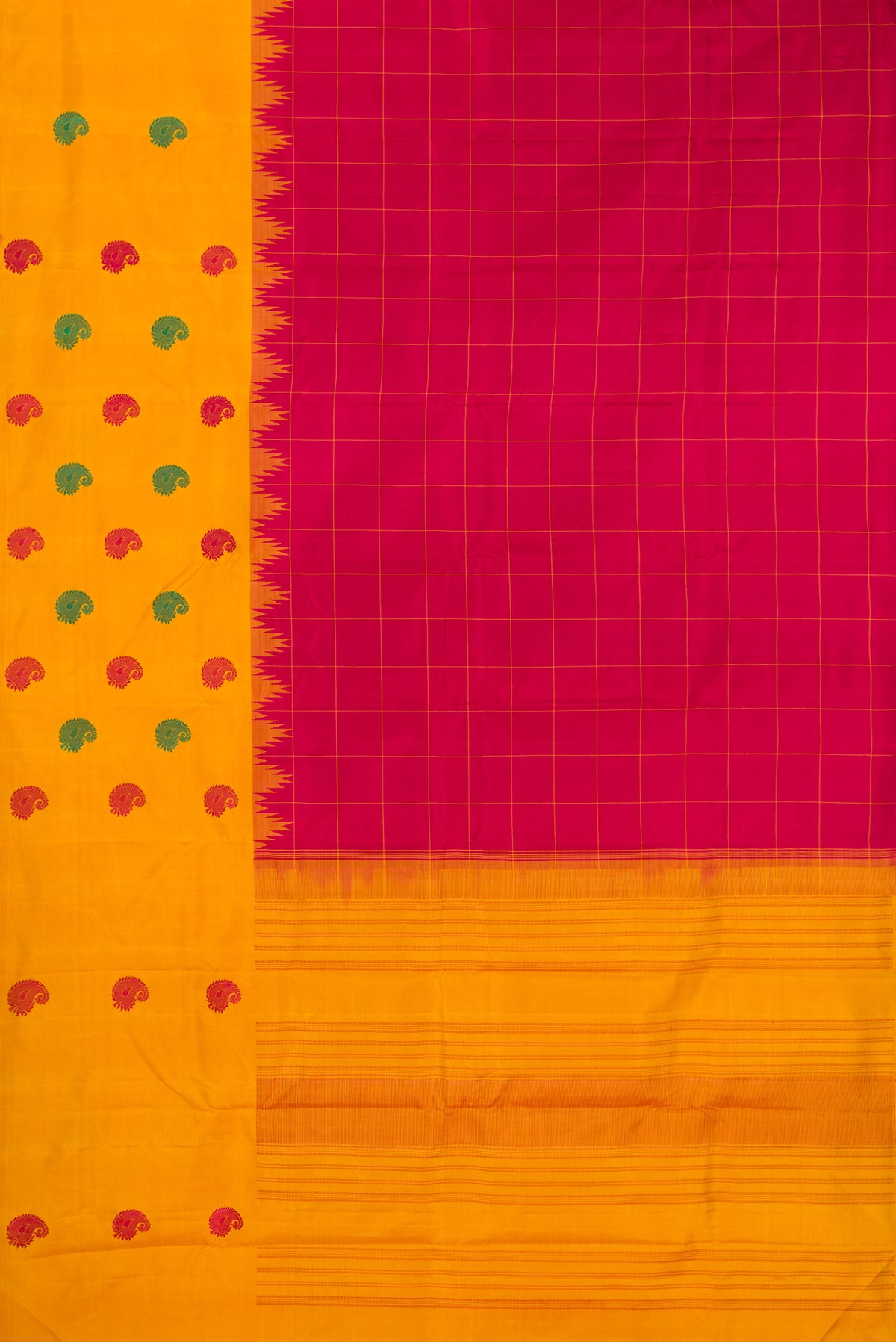 Flat view of Pure Silk Red Kanjivaram Saree with Checked design on the body and Fancy Border. 