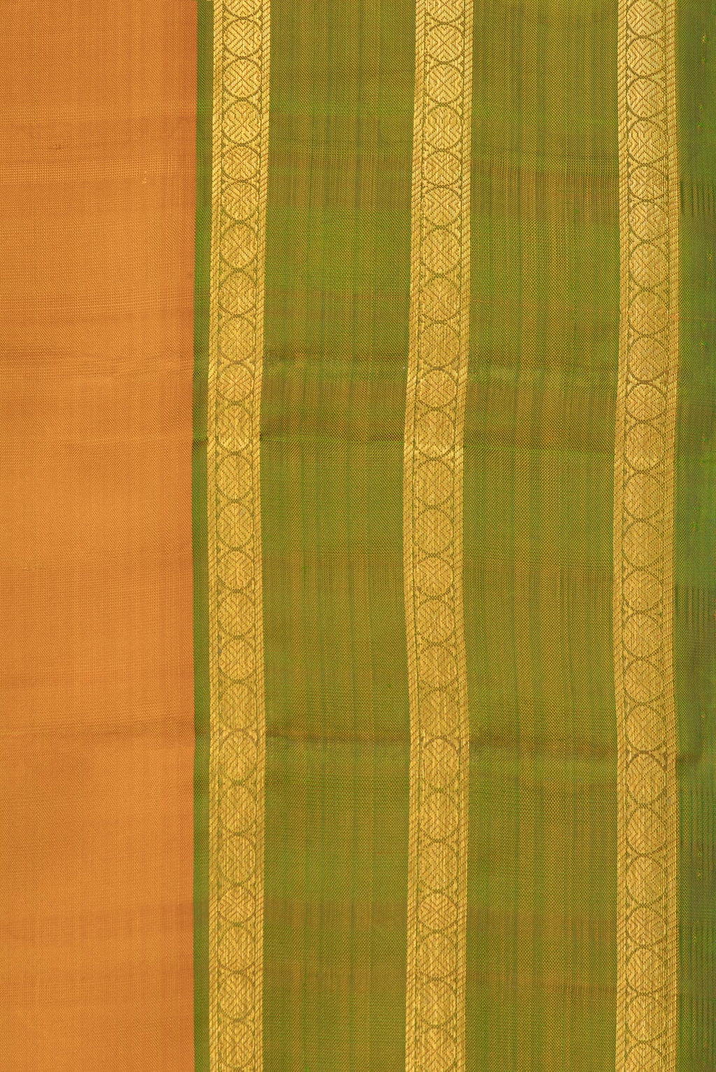 Border image of Pure Silk Mustard Dual Tone Kanchipuram Saree with Plain Body and Zari Border. 