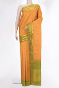 Pure Silk Mustard Dual Tone Kanchipuram Saree with Plain Body and Zari Border.  displayed on a mannequin