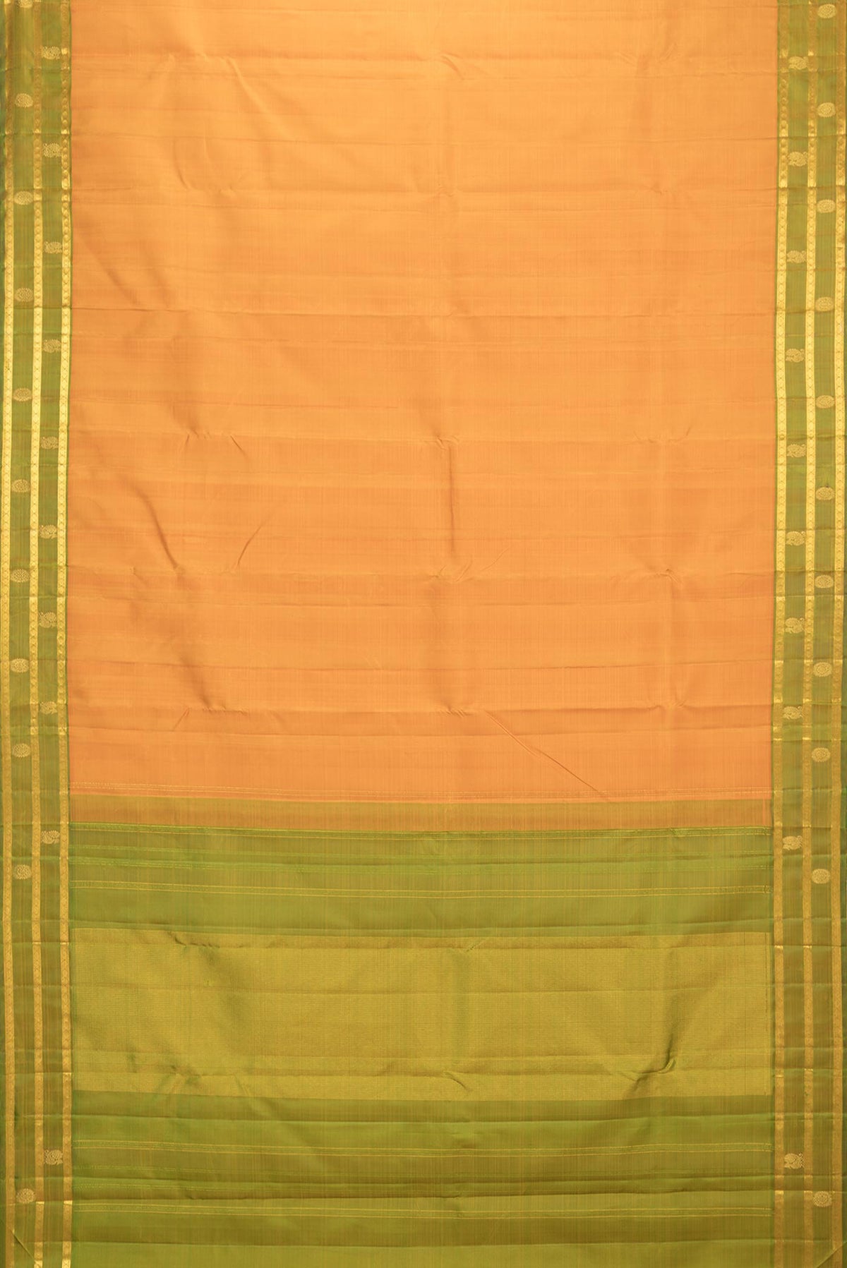 Flat view of Pure Silk Mustard Dual Tone Kanchipuram Saree with Plain Body and Zari Border. 