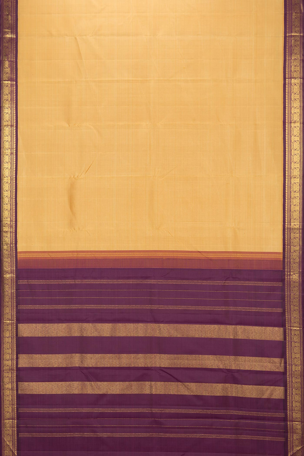 Flat view of Pure Silk Sandal Dual Tone Kanjivaram Saree with Plain Body and Zari Border. 