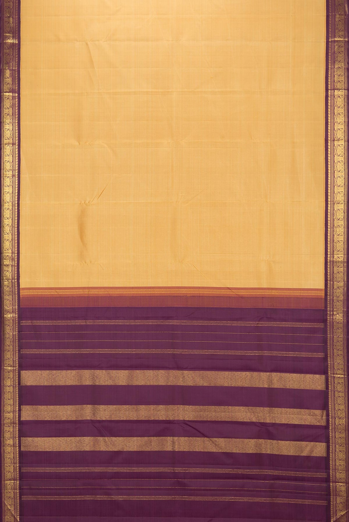 Flat view of Pure Silk Sandal Dual Tone Kanjivaram Saree with Plain Body and Zari Border. 