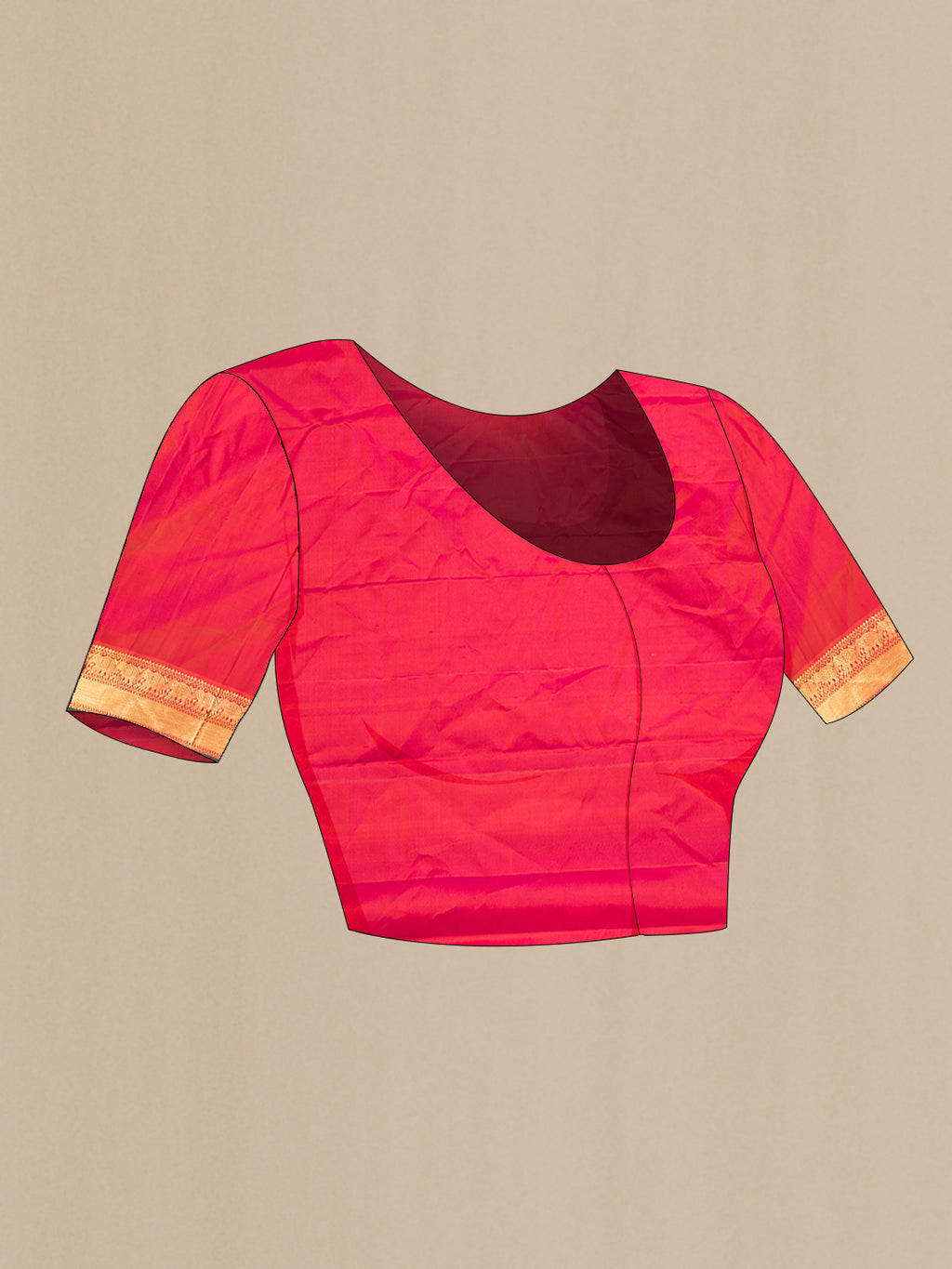 Close up image of the blouse of Pure Silk Magenta Dual Tone Kanchipuram Saree with Plain Body and Zari Border. 