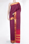 Pure Silk Magenta Dual Tone Kanchipuram Saree with Plain Body and Zari Border.  displayed on a mannequin