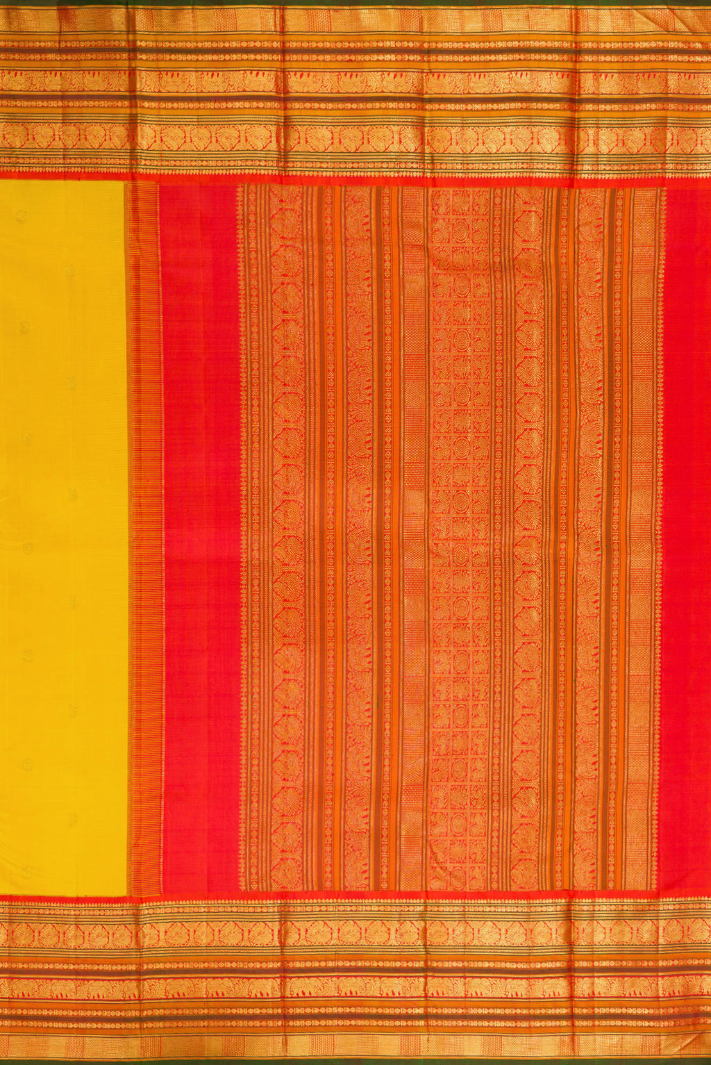 Close up image of the pallu of Pure Silk Yellow Kanchipuram Saree with Zari Butta on the body and Zari Border. 