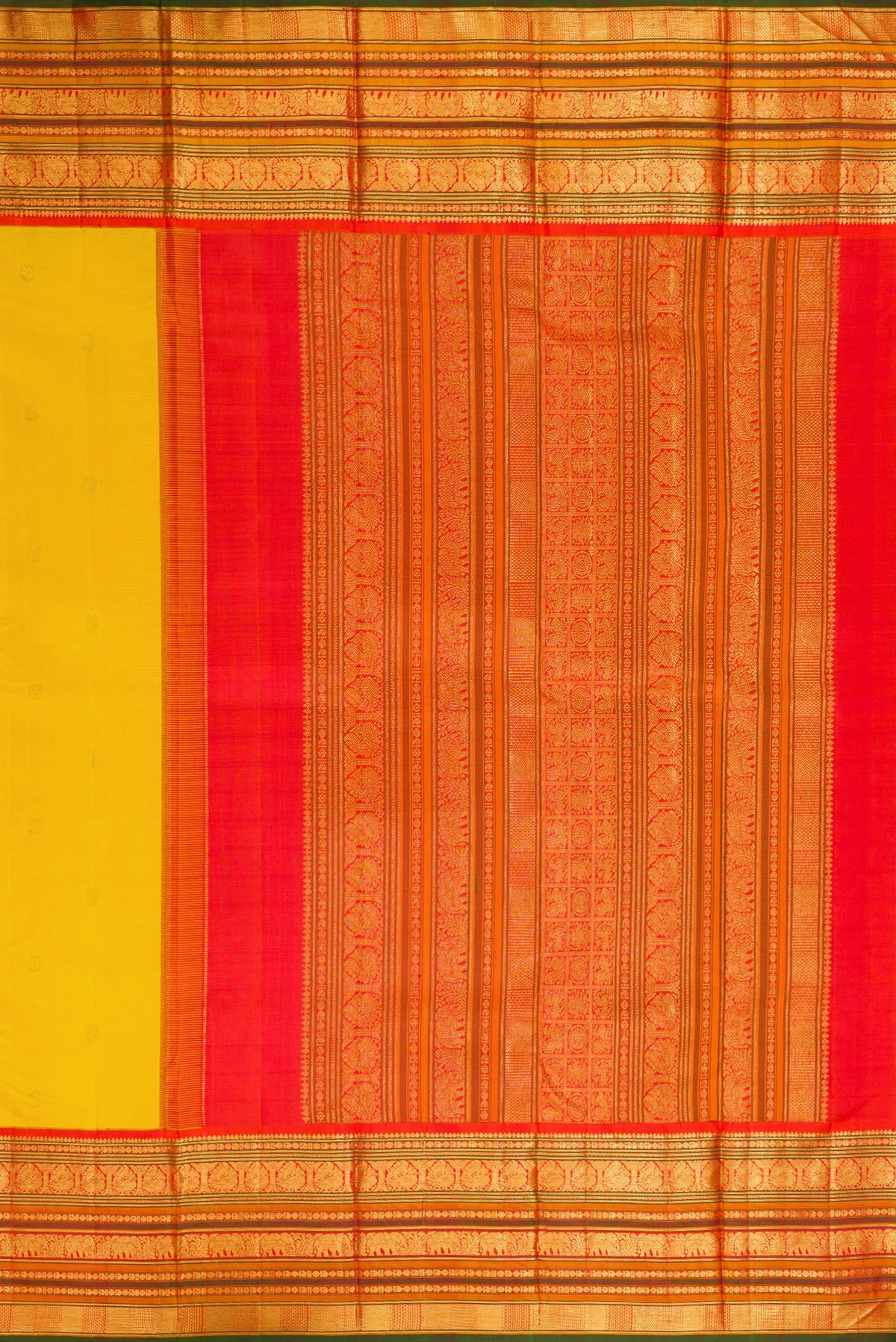 Close up image of the pallu of Pure Silk Yellow Kanchipuram Saree with Zari Butta on the body and Zari Border. 