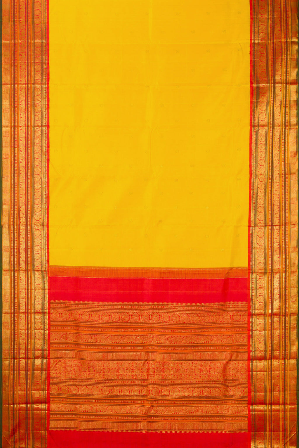 Flat view of Pure Silk Yellow Kanchipuram Saree with Zari Butta on the body and Zari Border. 
