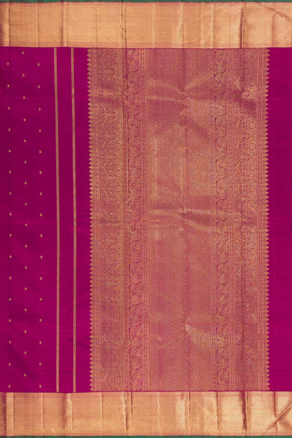Close up image of the pallu of Pure Silk Pure Zari Magenta Kanjivaram Saree with Zari Butta on the body and Zari Border. 