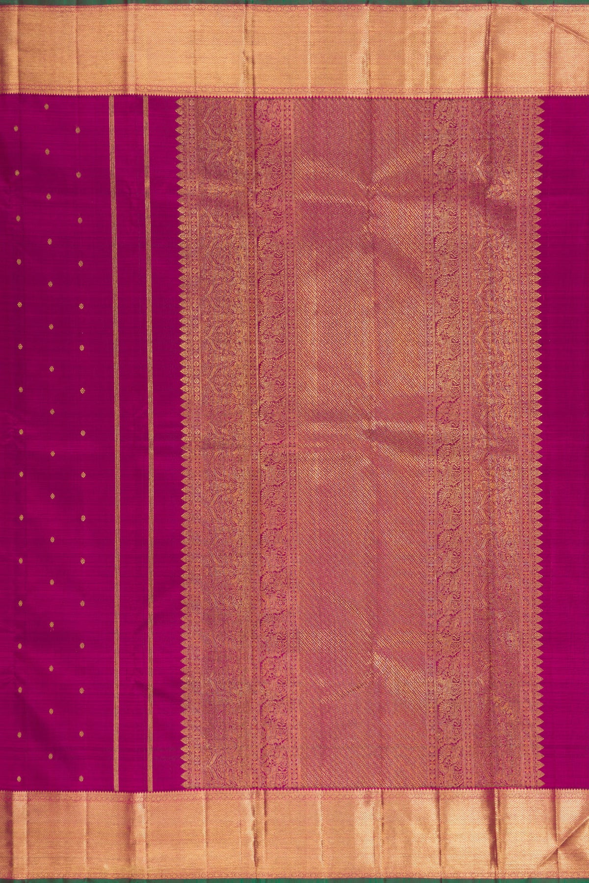 Close up image of the pallu of Pure Silk Pure Zari Magenta Kanjivaram Saree with Zari Butta on the body and Zari Border. 