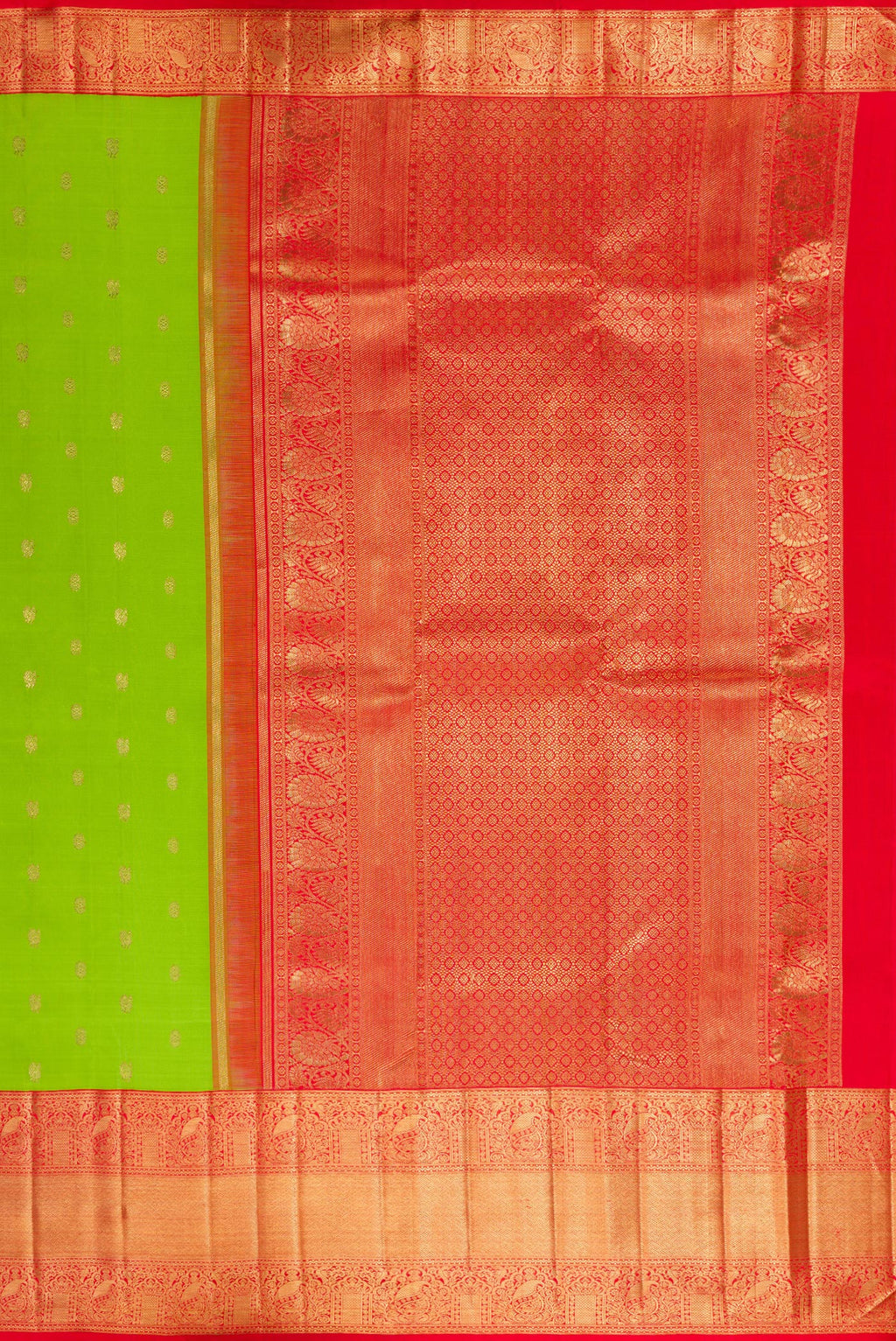 Close up image of the pallu of Pure Silk Pure Zari Parrot Green Dual Tone Kanjivaram Saree with Zari Butta on the body and Zari Border. 