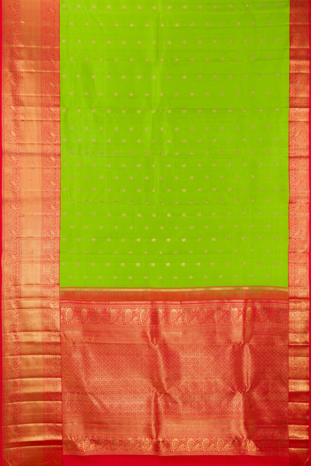 Flat view of Pure Silk Pure Zari Parrot Green Dual Tone Kanjivaram Saree with Zari Butta on the body and Zari Border. 