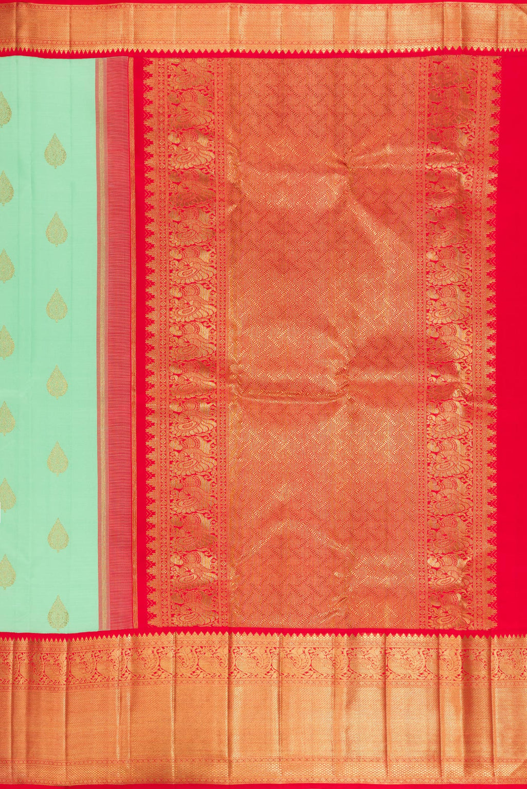 Close up image of the pallu of Pure Silk Pure Zari Sea Green Kanjivaram Saree with Zari Butta on the body and Zari Border. 