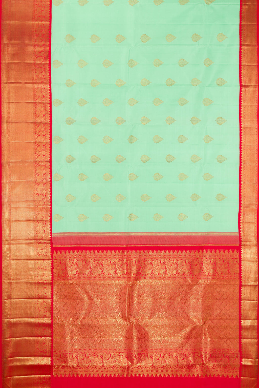 Flat view of Pure Silk Pure Zari Sea Green Kanjivaram Saree with Zari Butta on the body and Zari Border. 