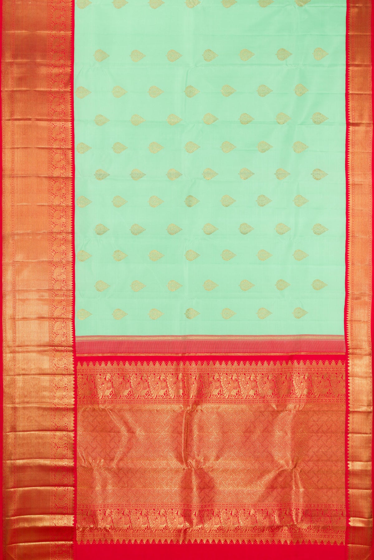 Flat view of Pure Silk Pure Zari Sea Green Kanjivaram Saree with Zari Butta on the body and Zari Border. 