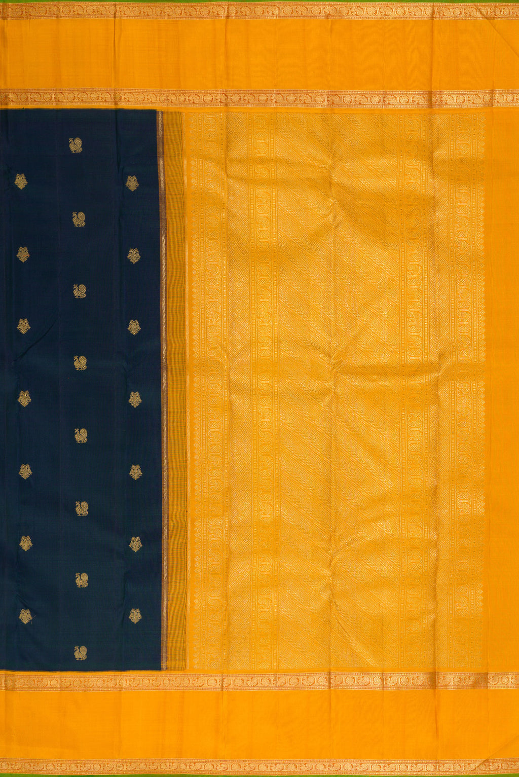 Close up image of the pallu of Pure Silk Pure Zari Peacock Blue Dual Tone Kanjivaram Saree with Zari Butta on the body and Zari Border. 